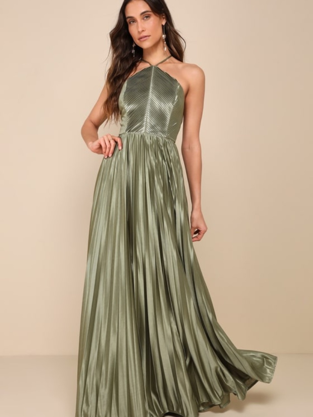 Lulus Elaborate Charm Olive Green Satin Pleated Backless Maxi Dress - Size XS